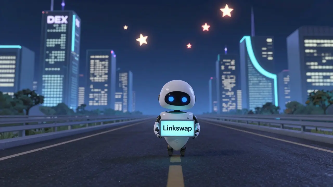 A small robot with a Linkswap sign stands alone on a blockchain highway under fading token stars.
