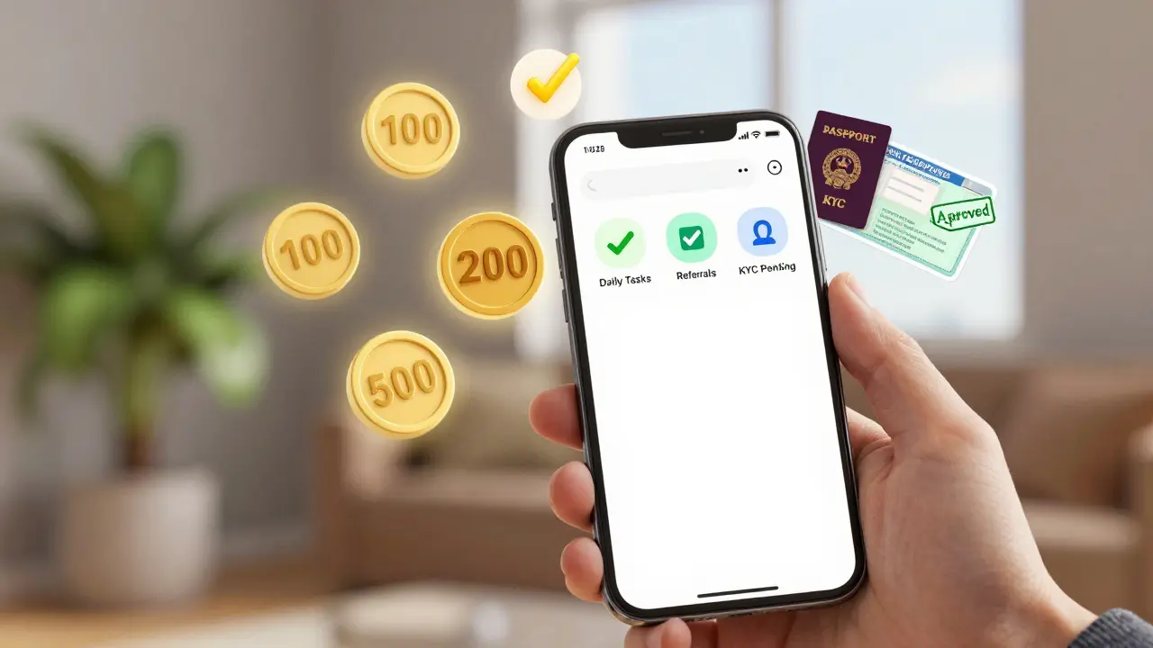 A smartphone dashboard showing ASK token rewards for daily tasks and referrals, with KYC documents nearby.