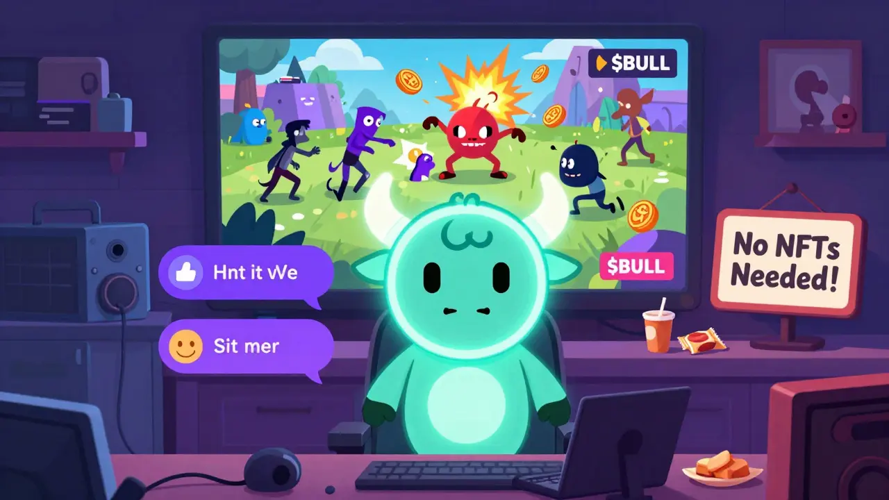 A streamer wearing a glowing $BULL avatar on Twitch, with game action and real-time balance visible on screen.