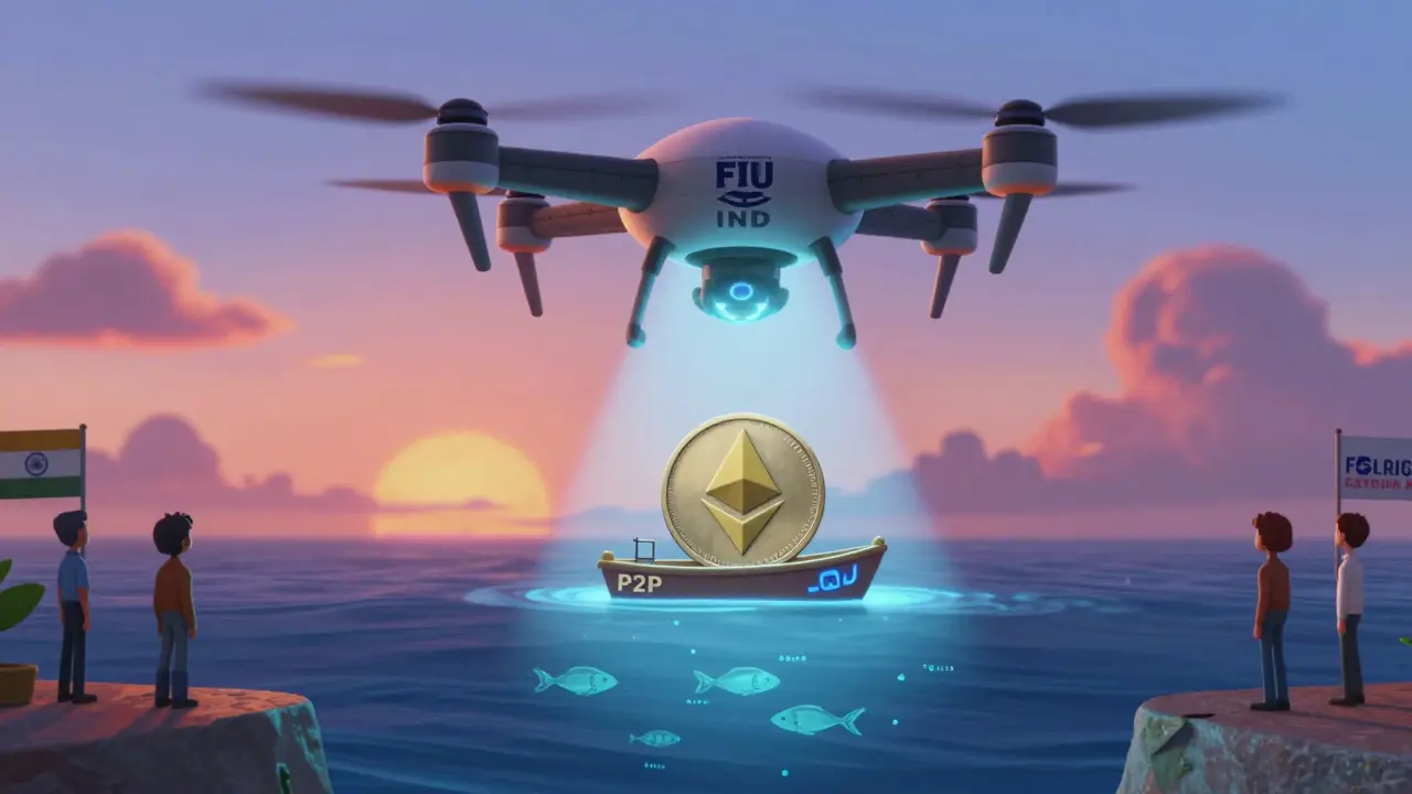 A tiny crypto token on a boat being watched by a surveillance drone shaped like a government logo, with transaction IDs floating below.