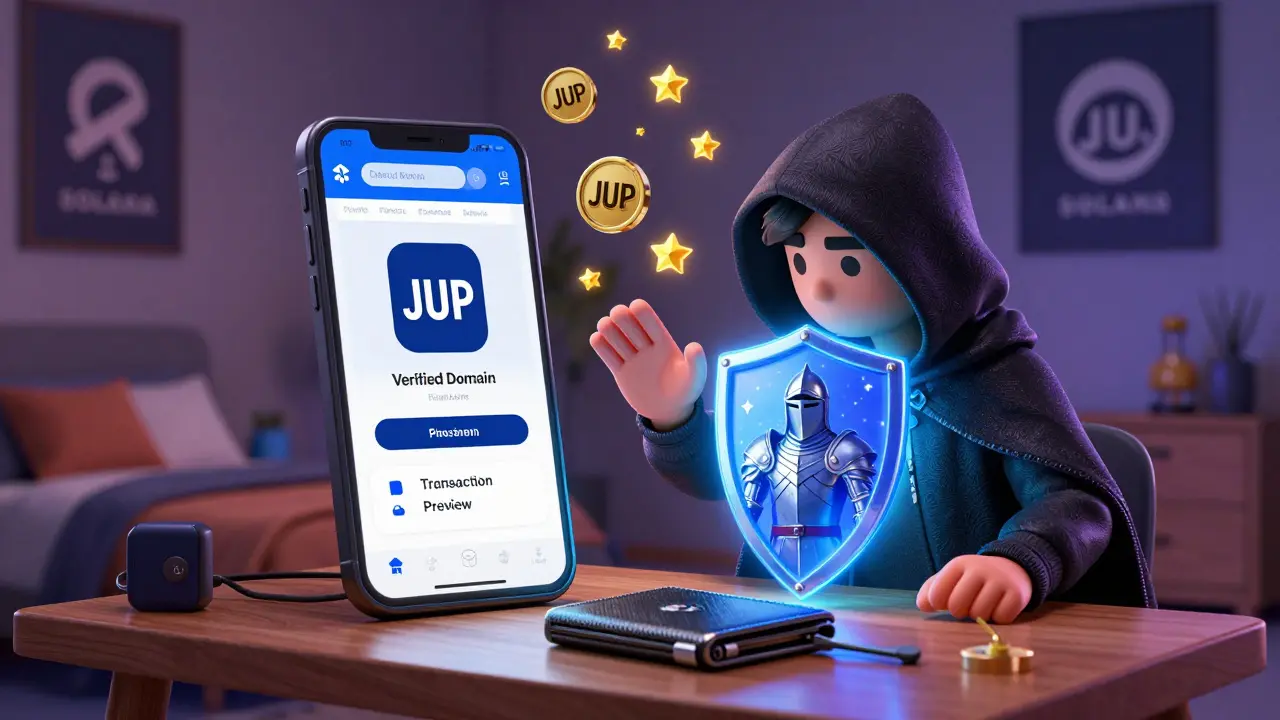 A user is protected from phishing by a verified domain shield and hardware wallet, while JUP tokens fall as rewards.