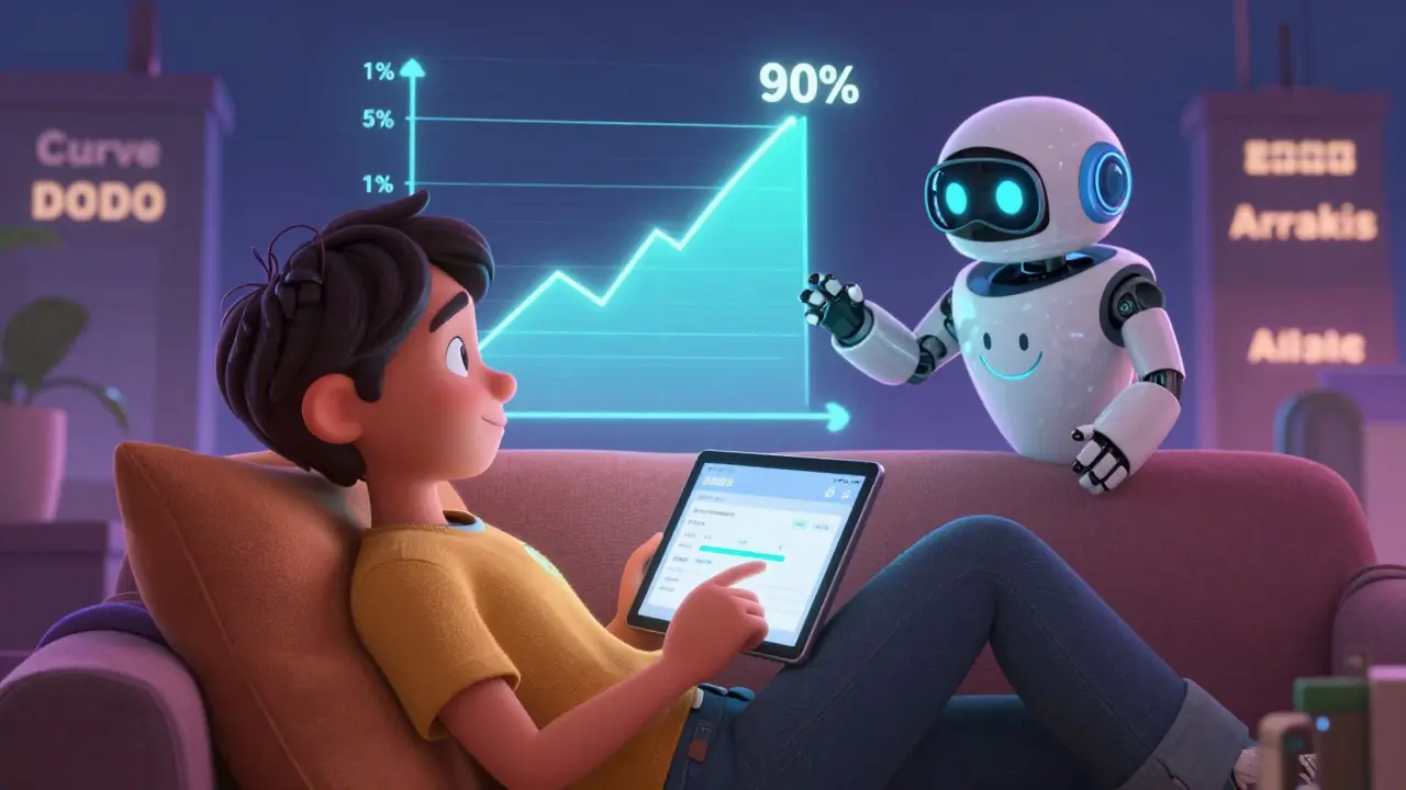 A user relaxes as an AI robot auto-adjusts liquidity ranges on a tablet, with efficiency rising in the background.