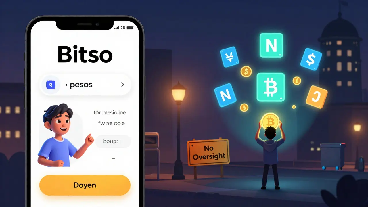 A young person using a fintech app to buy crypto while a shadowy unregulated lending platform glows in the background.