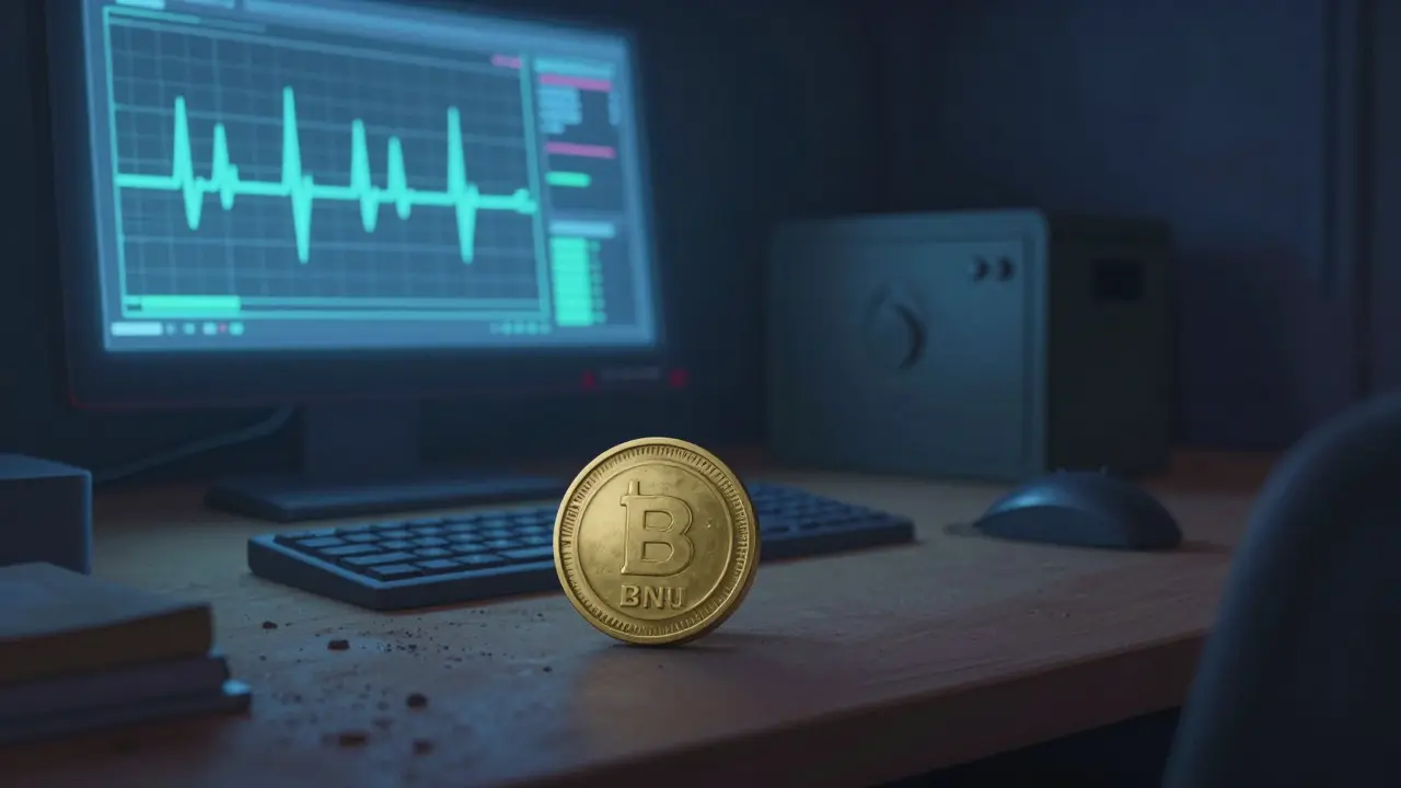 Abandoned BNU token on dusty desk beside dead monitor