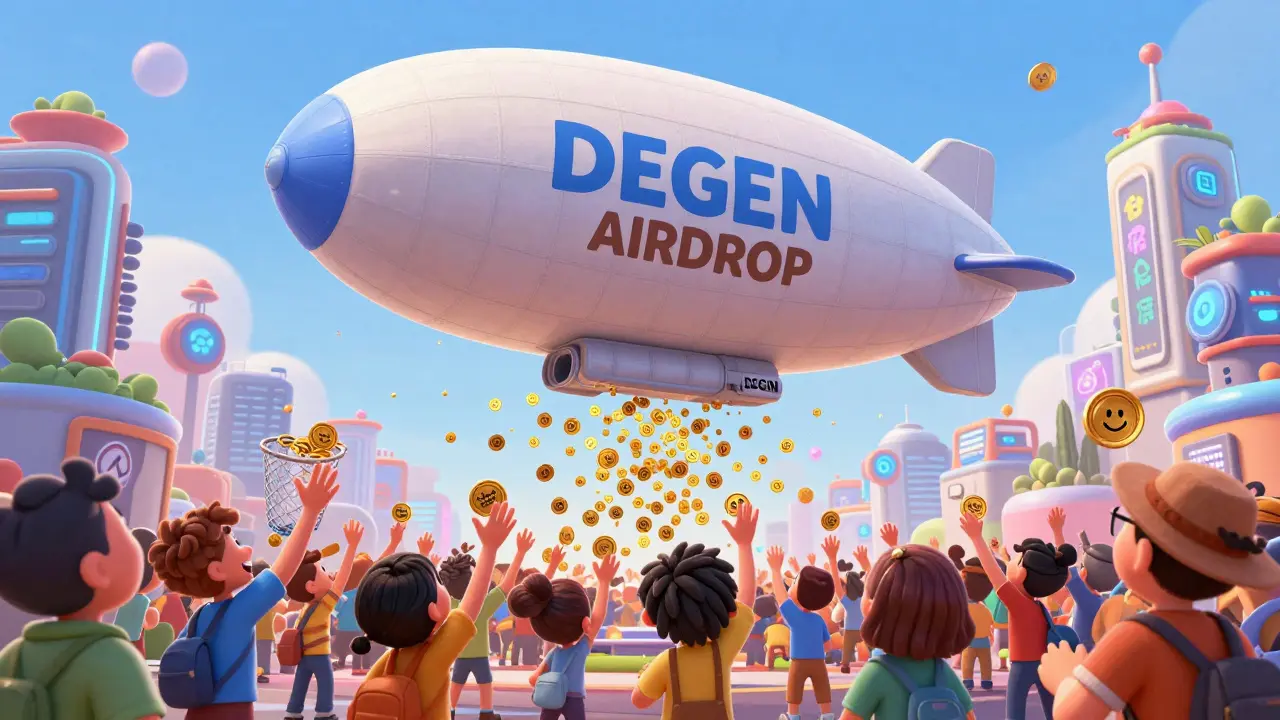 Airship raining DEGEN tokens over a digital city on Base blockchain