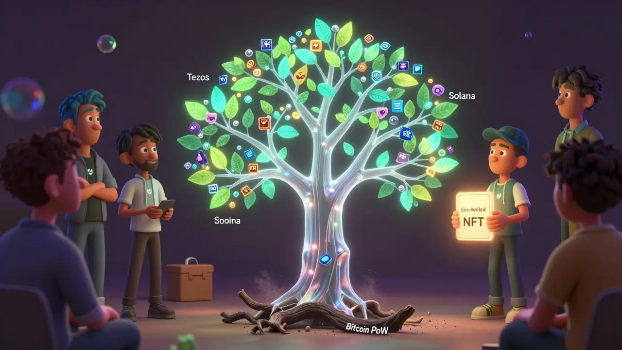 Artists and collectors gathered around a glowing blockchain tree with sustainable NFT branches, while a withered Bitcoin PoW branch lies dead at its base.