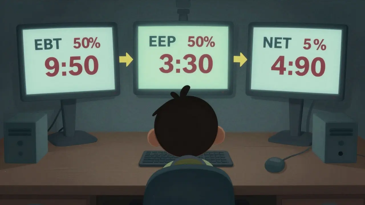 Character confused by conflicting prices on three exchange screens. Cool tones, chaotic.