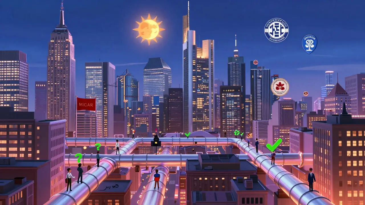 Global city skyline of New York, Frankfurt, and Hong Kong connected by glowing regulatory pipelines with official logos above each.