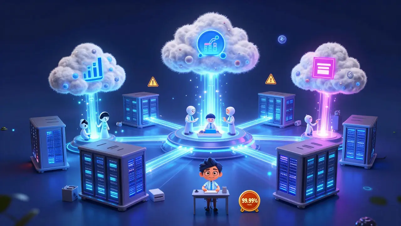 Global Oracle data centers connected by glowing lines, with industry-specific AI clouds floating above.