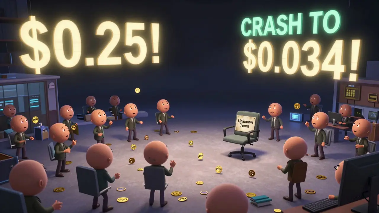 Investors trade faceless coins on a floating floor above a void, while empty developer chairs and fake price predictions hover above.