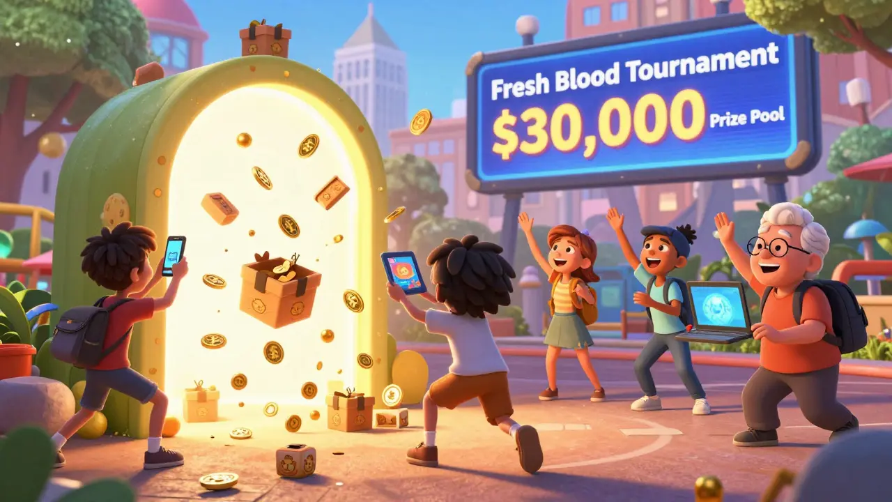 Players of all ages reaching for floating $BULL tokens and lootboxes from a portal in a sunny city park.