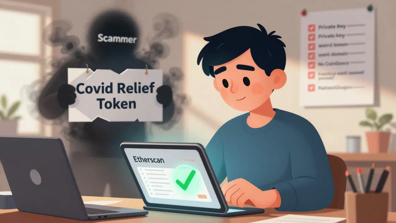 Someone checks their wallet on Etherscan as a scammer fades away, with a scam checklist on the wall.