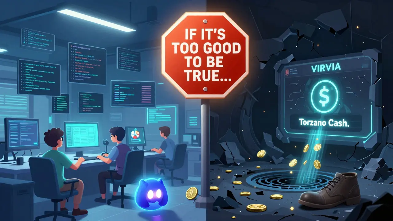 Split scene: real crypto project vs. crumbling scam site with coins draining away.