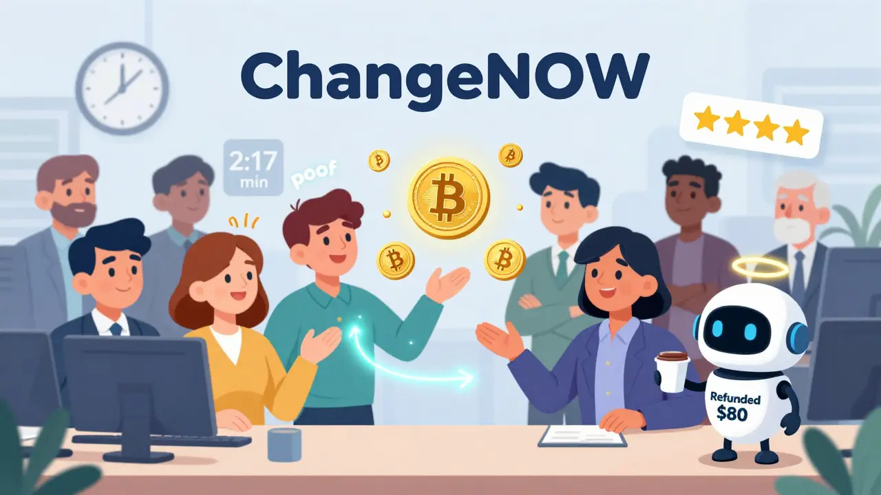 Traders watching crypto coins swap instantly with a clock showing 2 minutes and a support robot offering coffee.