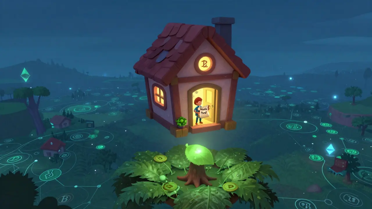 A block header house with a glowing hash door, connected by a proof scroll to a distant Merkle tree leaf in a vast digital landscape.