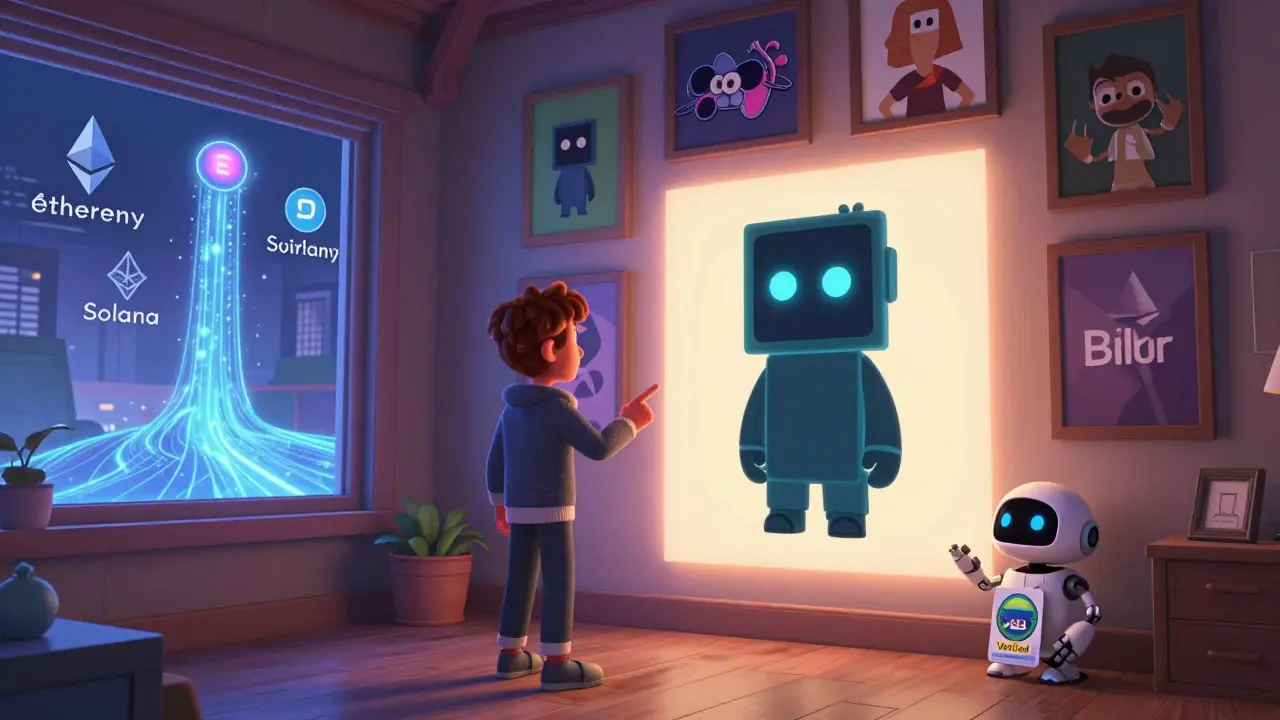 A collector showing off rare NFTs in a digital loft with cross-chain trade streams visible outside