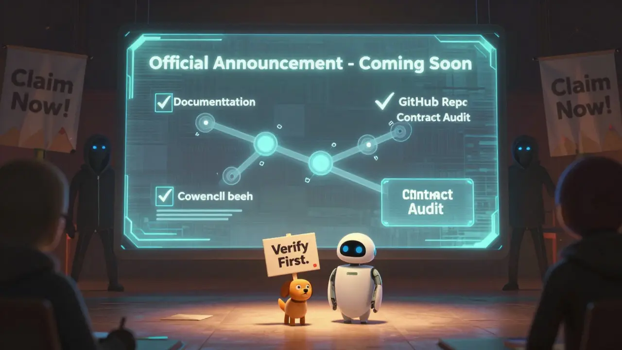 A community gathers around a holographic roadmap for a real blockchain project, while shadowy scammers try to sneak in with fake claims.