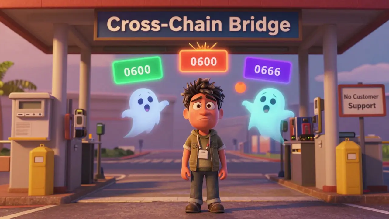 A confused user at a chaotic cross-chain bridge toll booth with rising fees and failed transaction icons.