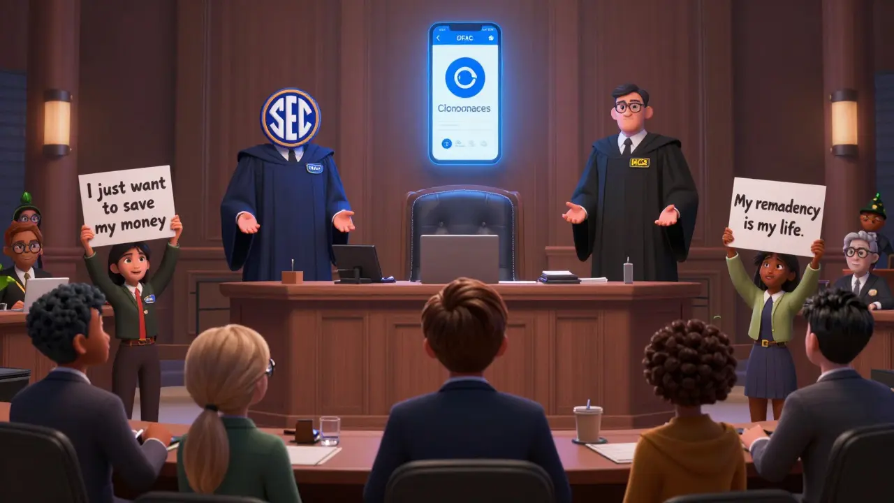 A courtroom scene where Coinbase faces regulators, with diverse global users holding signs about financial access, while a Coinbase Wallet glows above them.