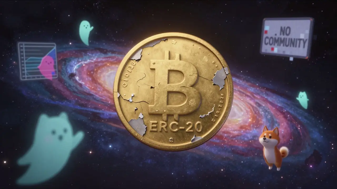 A cracked MARVIN token floats alone as Dogecoin and Shiba Inu leave for a thriving crypto galaxy.