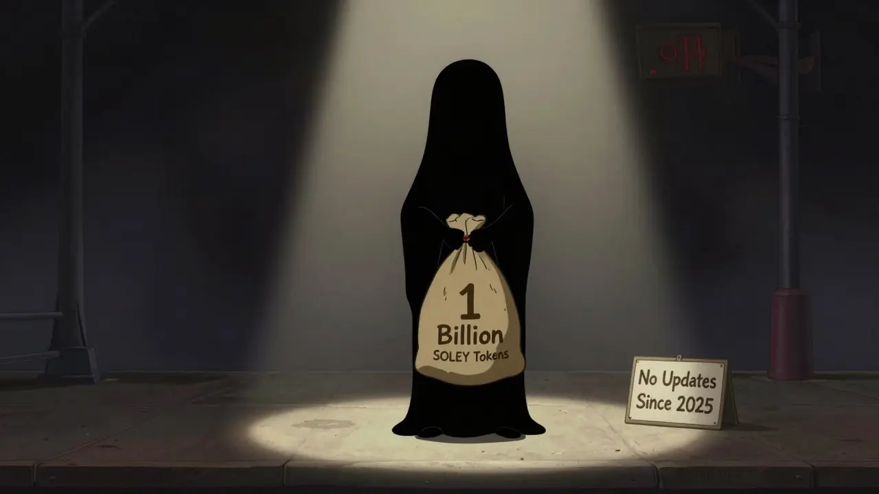 A faceless figure holds a sack of SOLEY tokens on an empty platform with a 'No Updates Since 2025' sign.