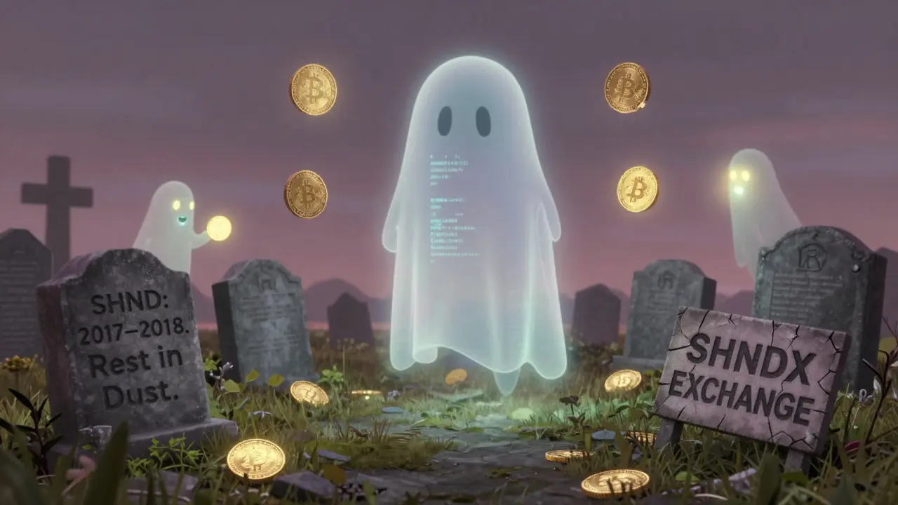 A ghostly code figure above a crypto graveyard with tombstones, while other tokens glow happily nearby.