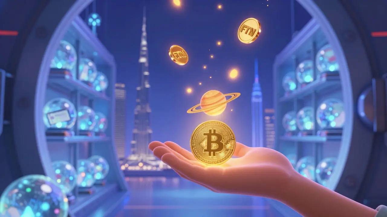 A glowing FTN Note with planetary designs transforms from a digital token into a physical banknote in a futuristic vault.