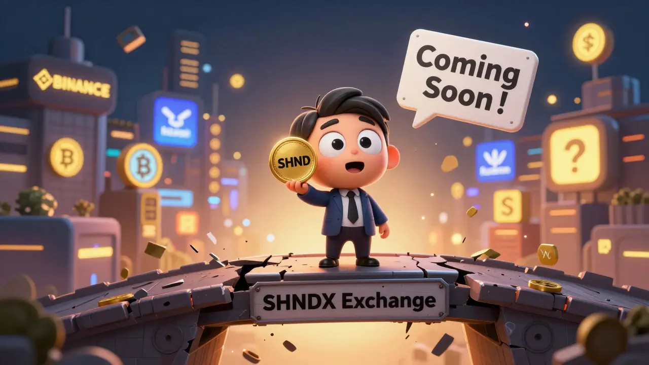 A hopeful investor standing on a crumbling bridge labeled 'SHNDX Exchange' that vanishes into thin air.
