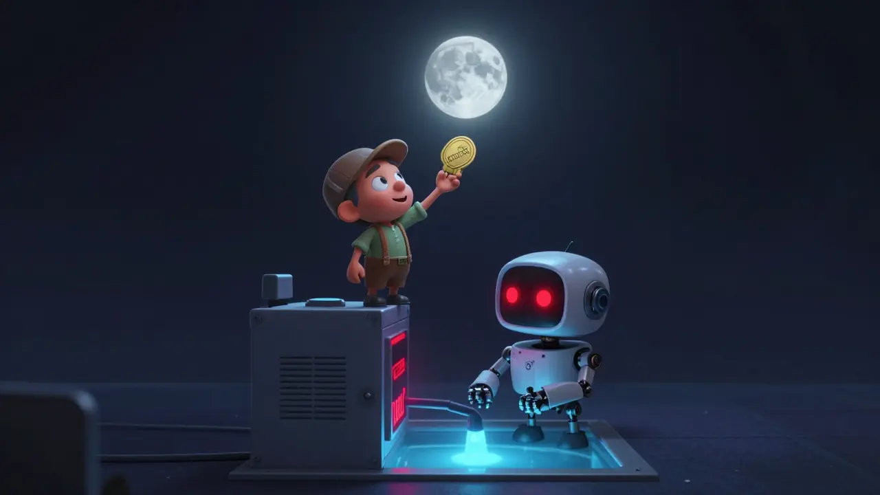 A hopeful trader stares at a distant moon while a scam bot pumps fake volume below.