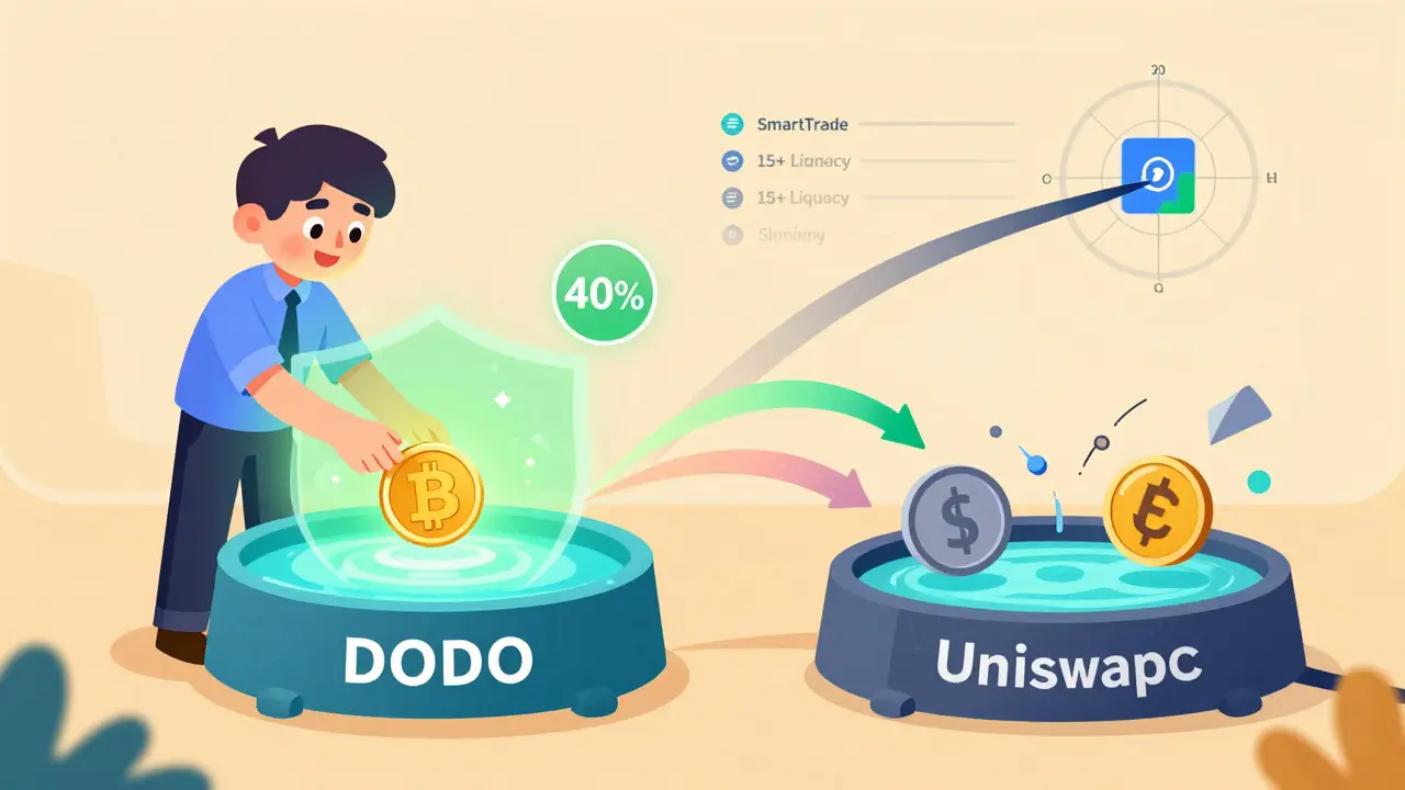 A liquidity provider safely depositing one token into a DODO pool, while Uniswap struggles with imbalance, in Pixar style.