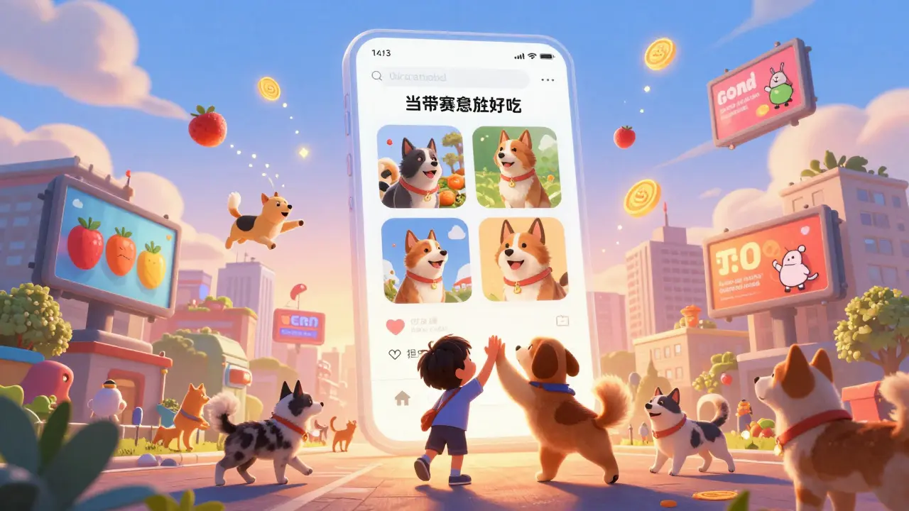 A lively digital ecosystem where users' pets roam as avatars, earning tokens through social, movement, and game activities under glowing ads.