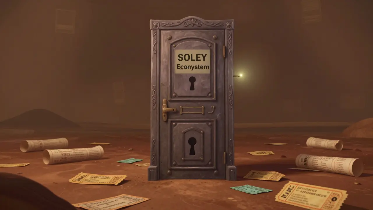 A locked digital door labeled 'SOLEY Ecosystem' stands in a barren cyber-wasteland with no way in.
