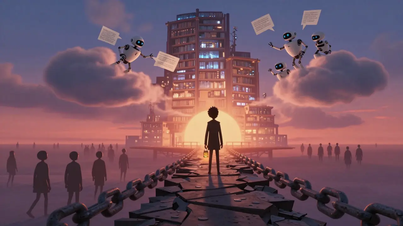 A lone figure holding a SUL token on a crumbling blockchain bridge, facing a half-built digital library.