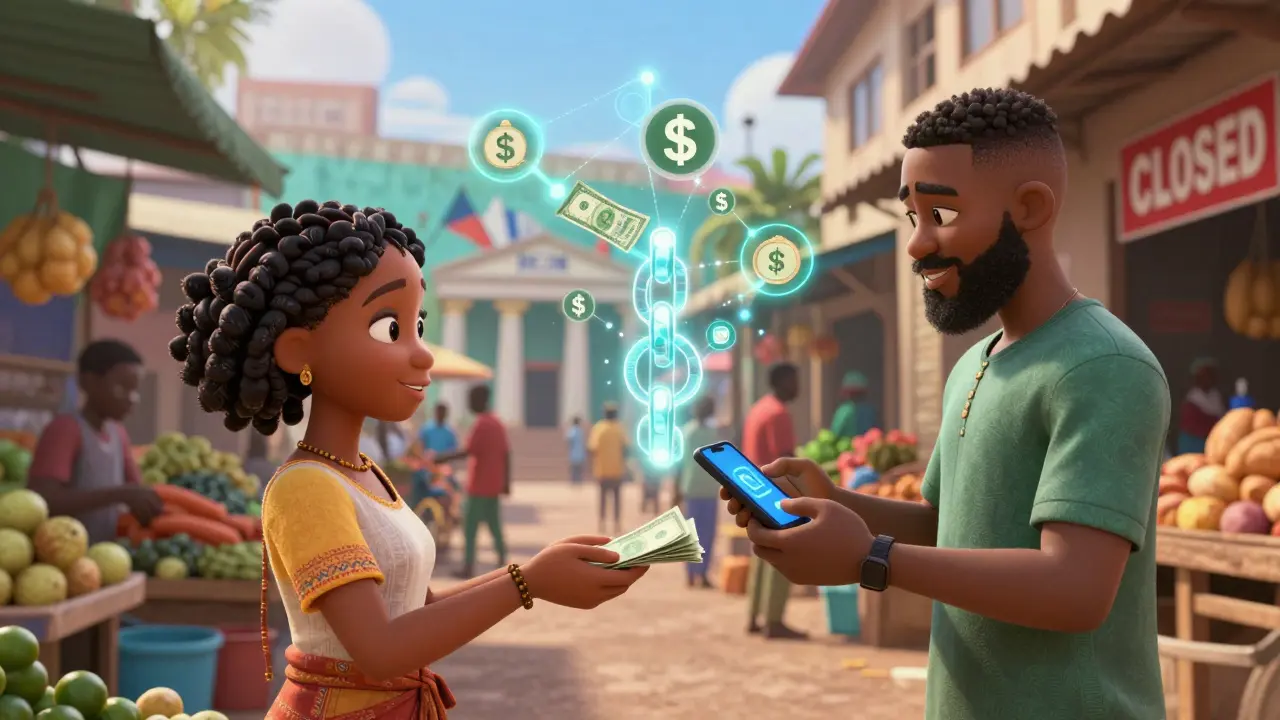 A market vendor exchanging cash for USDT crypto via smartphone, with a glowing blockchain above them.