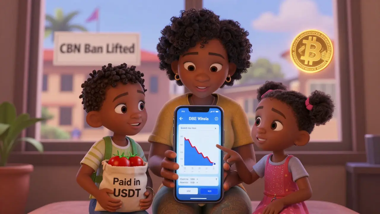 A Nigerian family viewing a crypto wallet on a phone, with USDT payments enabling their daily purchases.
