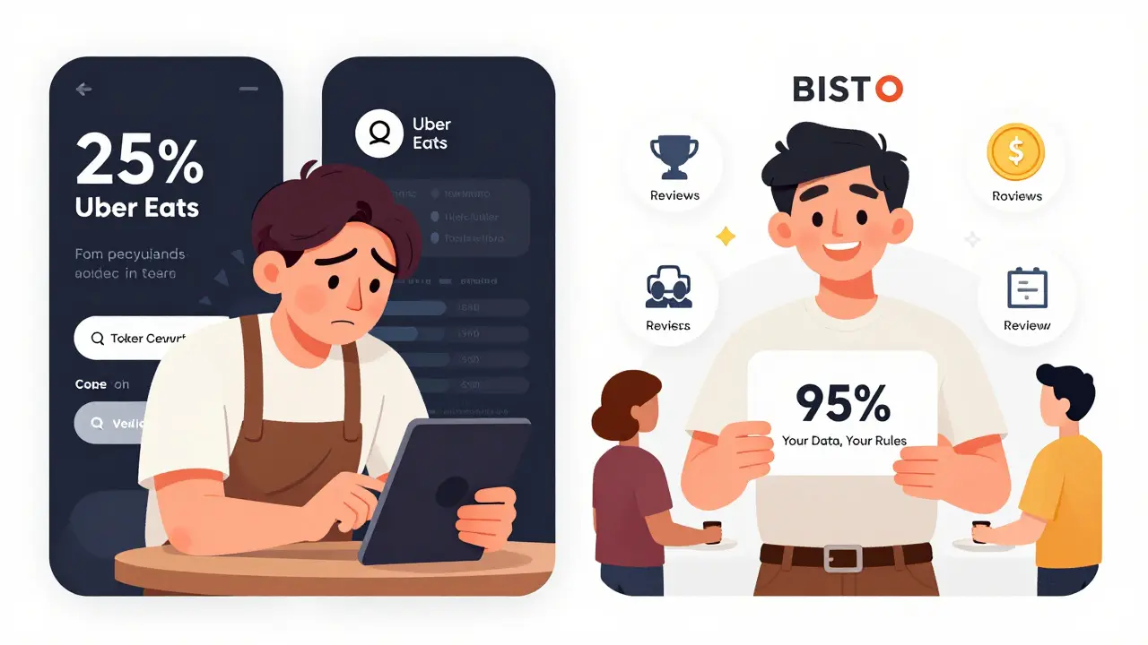 A restaurant owner compares a stressful delivery app fee to a smooth Bistroo transaction with happy customers earning tokens.