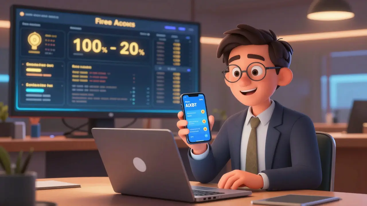 A retail trader and institutional user both interact with AIXBT's free and premium dashboards in a vibrant digital setting.