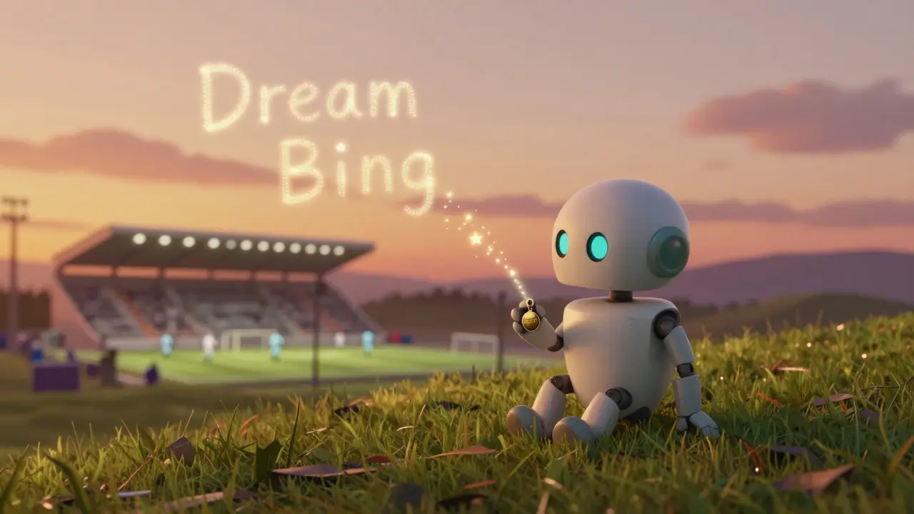 A small robot gazing at a distant stadium at sunset, holding a FOXSY token like a keepsake.