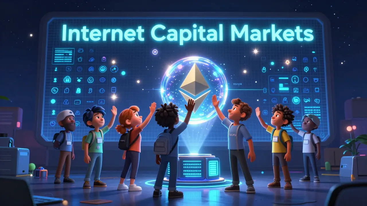 A team celebrates as their startup’s tool becomes a radiant blockchain asset in a starlit Web3 sky.