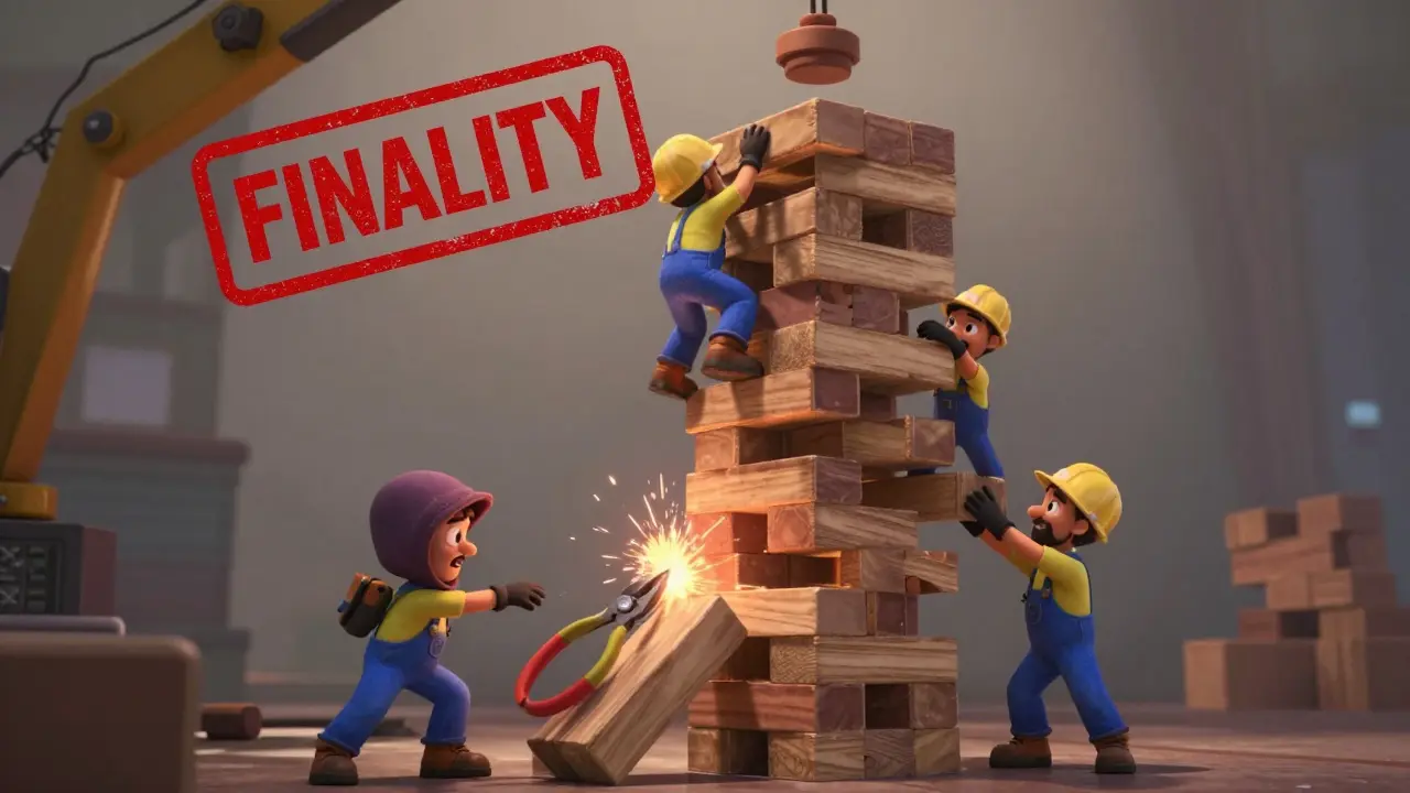A towering blockchain Jenga tower is being built by miners while a hacker tries to pull out a block, sparks flying, with a 'FINALITY' stamp descending above.