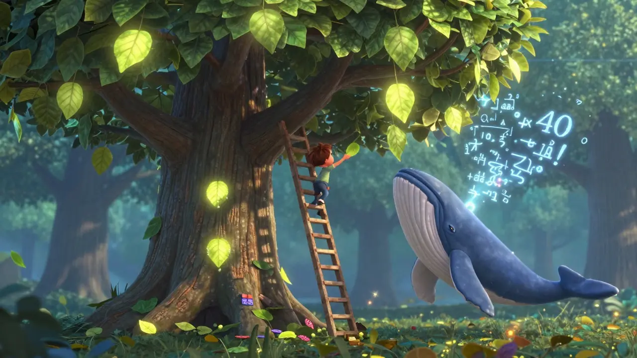 A tree with voting leaves grows taller with cost, a small character climbs while a whale is blocked by mathematical equations.