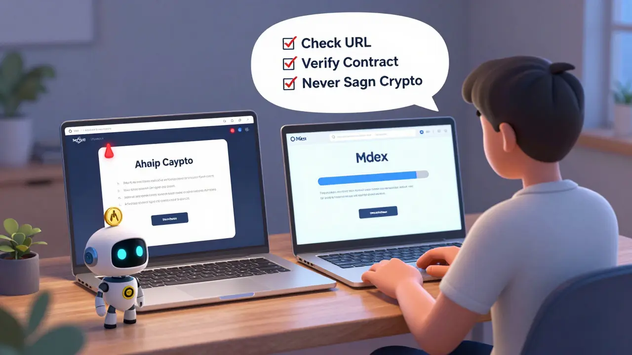 A user safely earning MDX rewards on the official platform, with scam warnings in the background.