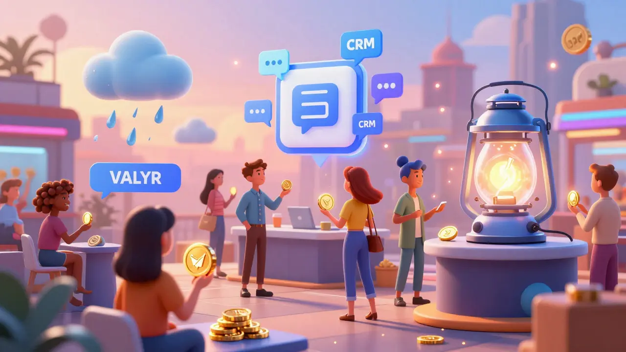 A vibrant digital marketplace with tokenized APIs and AI tools being traded by diverse users.