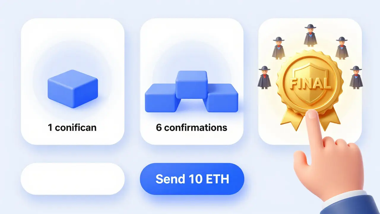 A wallet app shows a transaction progressing through 1, 6, and final confirmations, with glowing blocks and validator characters watching over it.