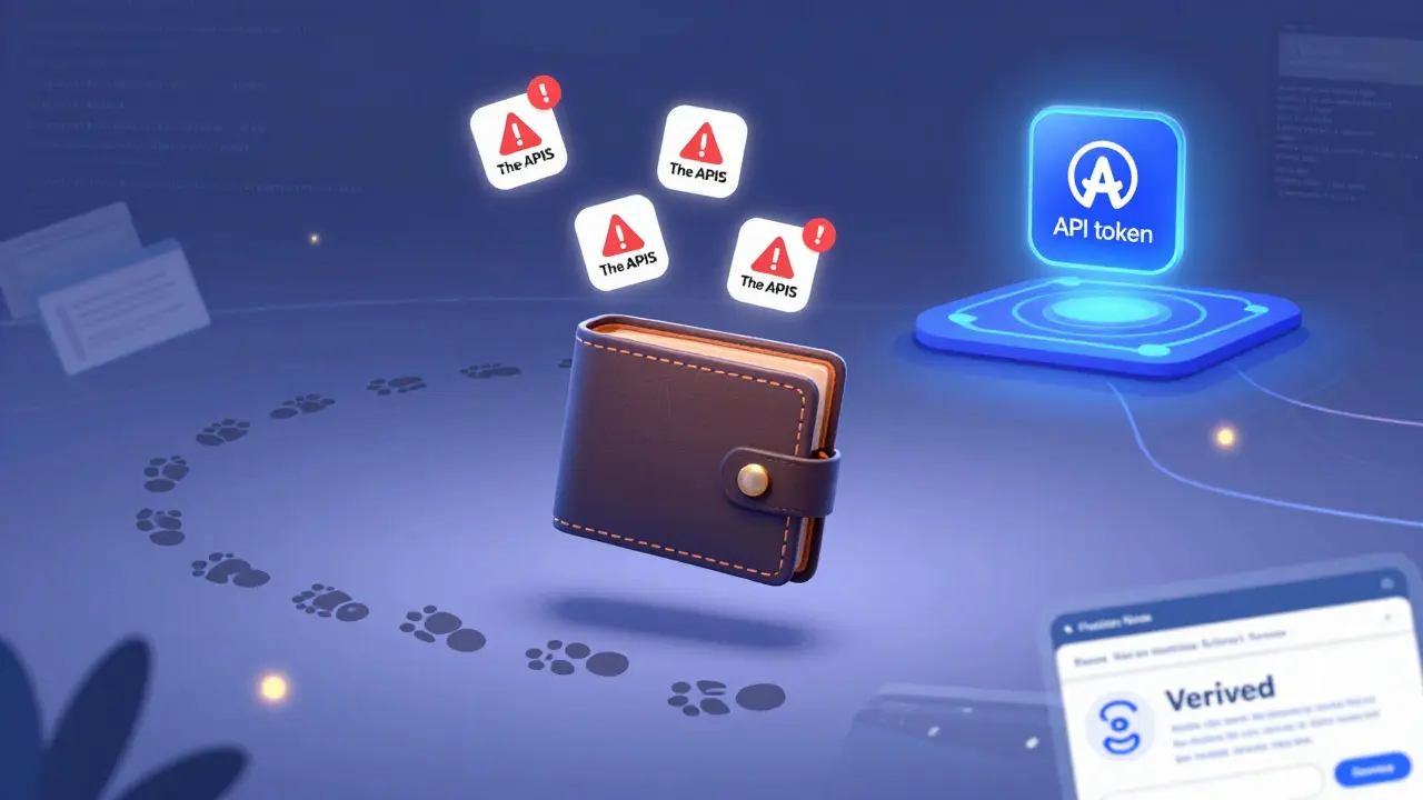 A wallet floats amid fake token icons and phishing links, while one legitimate API token glows safely on a blockchain platform.