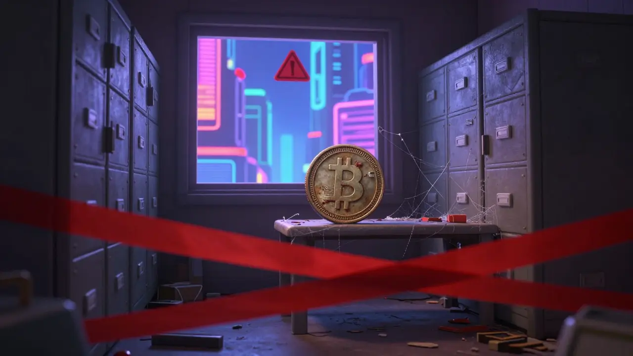 Abandoned dusty coin on a shelf with caution tape nearby