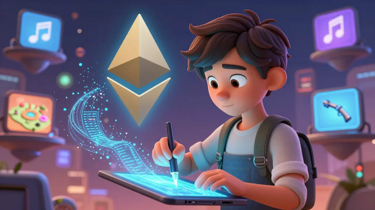 An artist minting an NFT surrounded by digital particles and a glowing blockchain logo