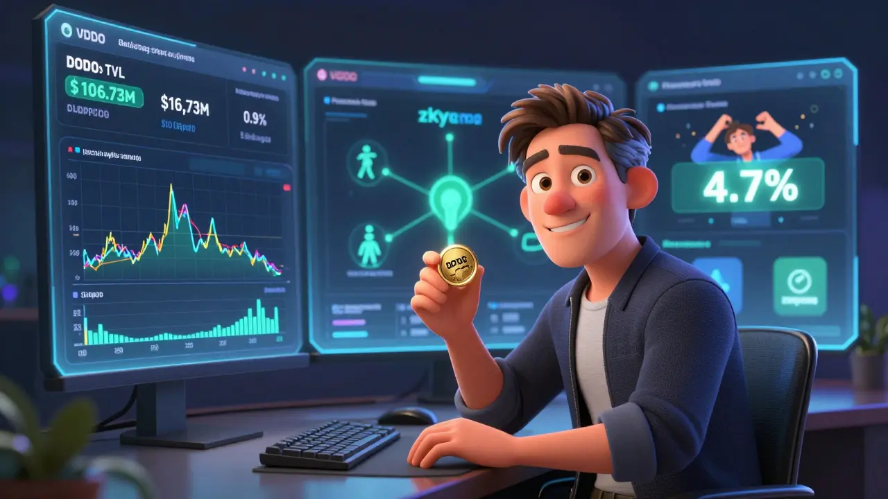 An experienced trader monitoring DODO’s analytics and roadmap, with slippage comparisons, in Pixar style.