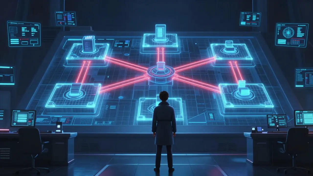 An investigator tracking crypto funds across five blockchains, with trails vanishing at each bridge crossing.