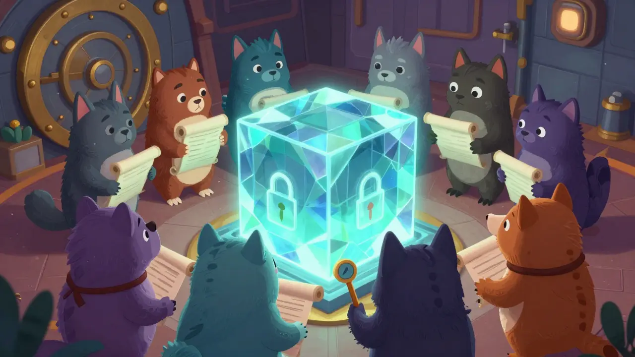 Animal characters gathering around a glowing blockchain block for voting.